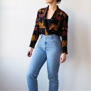 Vintage Art Deco Print Black Bomber Blouse